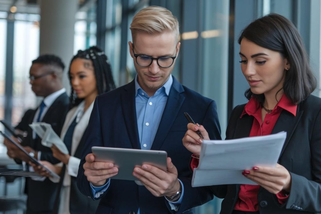 Equipe de consultores tributários utilizando ferramentas digitais para auditoria fiscal