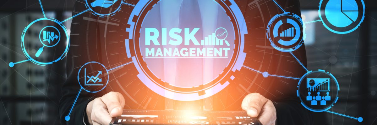Risk Management and Assessment for Business Investment Concept. Modern graphic interface showing symbols of strategy in risky plan analysis to control unpredictable loss and build financial safety.